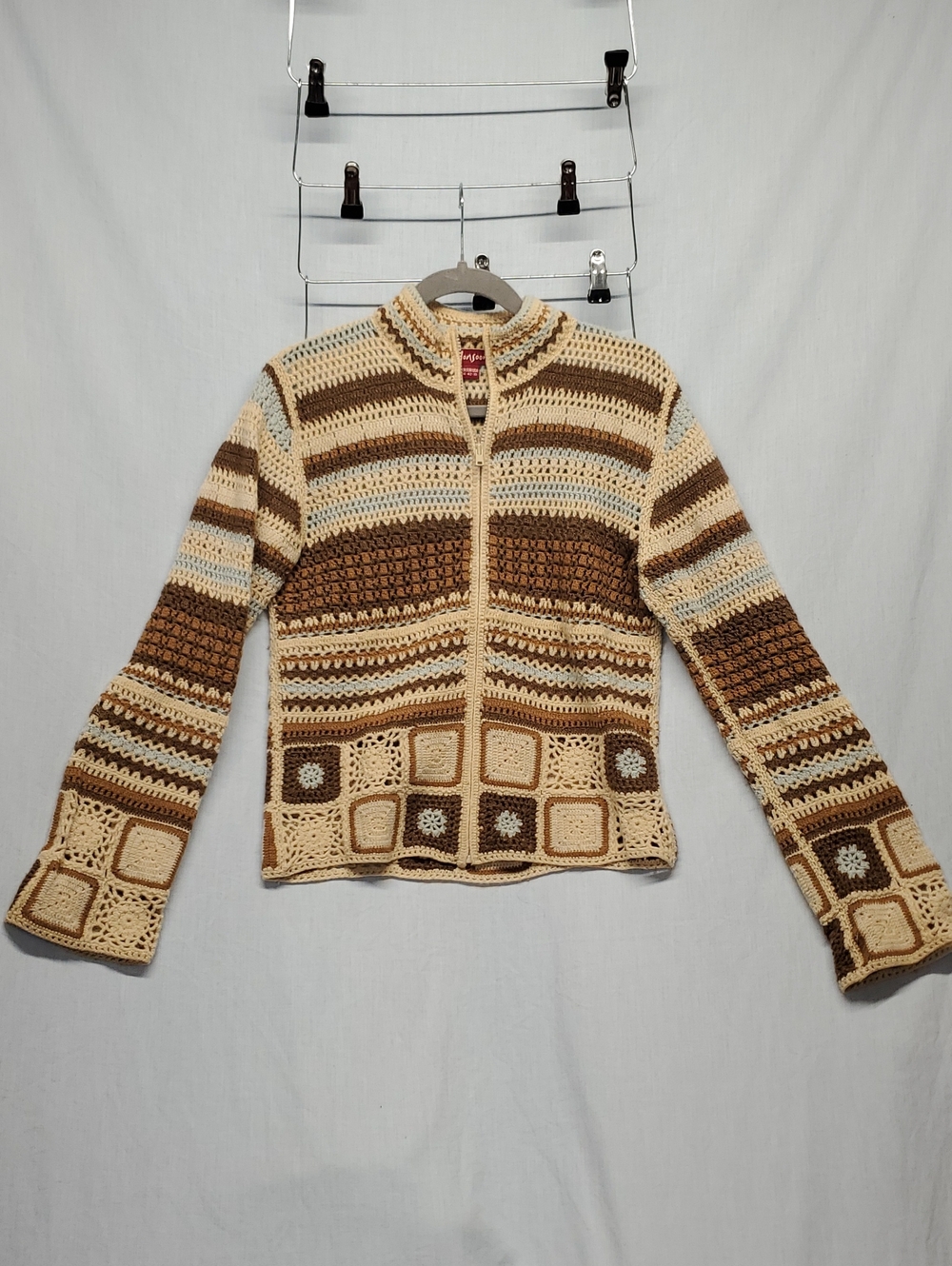 Monsoon Crocheted Zip-Up Cardigan in Cream and Brown #388